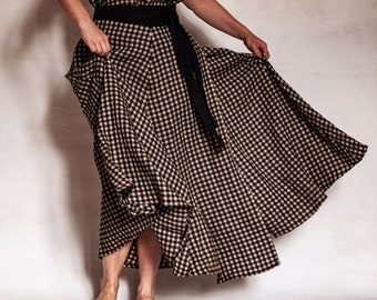 Checks Long Linen Wrap Skirt with Deep Side Pocket WILD, Maxi Linen Wrap Skirt, A-Line Washed Linen Skirt, One Size Linen Skirt.