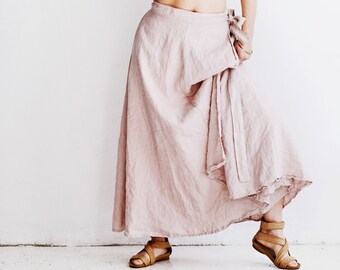 Long Linen Wrap Skirt with Deep Side Pocket WILD, Maxi Linen Wrap Skirt, A - Line Washed Linen Skirt in Pink Color, One Size Linen Skirt