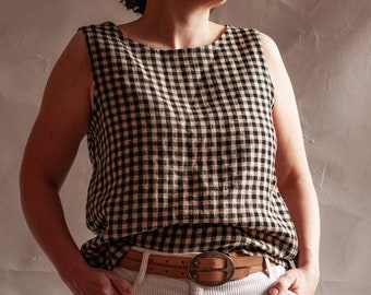 Checks linen sleeveless top BLAST, linen crop top round neckline, loose linen tank top, linen blouse, summer top.