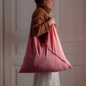 Light coral natural linen shopping bag ORIGAMI, linen beach bag, linen tote bag, large shoulder bag, woman accessories, beach bag. image 1