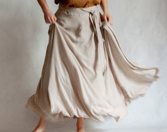 Longue jupe portefeuille en lin avec poche latérale profonde WILD, longue jupe portefeuille en lin, jupe trapèze en lin délavé beige clair, jupe en lin taille unique