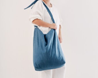 Blue Linen Tote Bag DAILY, Large Shoulder Bag, Linen Oversize Bag, Linen Shopping Bag, Woman Accessories, Flax Beach Bag, Gift for Her Him.