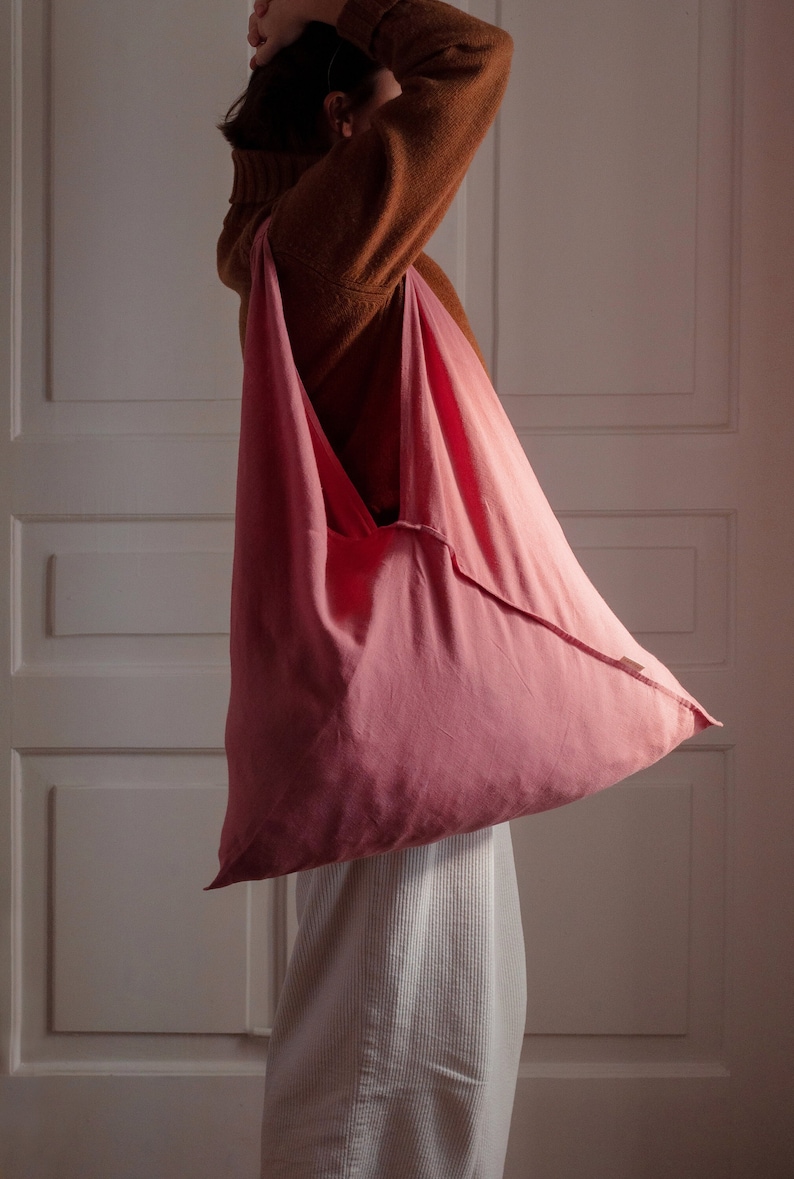 Light coral natural linen shopping bag ORIGAMI, linen beach bag, linen tote bag, large shoulder bag, woman accessories, beach bag. image 2