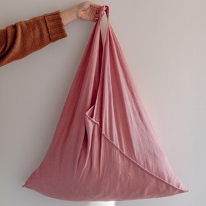 Light coral natural linen shopping bag ORIGAMI, linen beach bag, linen tote bag, large shoulder bag, woman accessories, beach bag. image 7