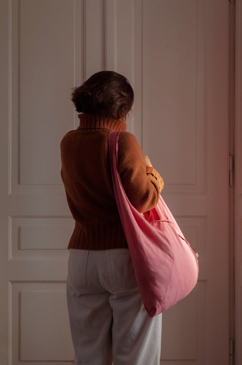 Light coral natural linen shopping bag ORIGAMI, linen beach bag, linen tote bag, large shoulder bag, woman accessories, beach bag. image 4