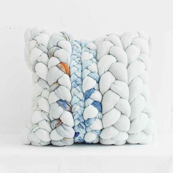 Light Grey and Blue "plait" pillowcase 02 - dyed, decorative, handmade cushions.
