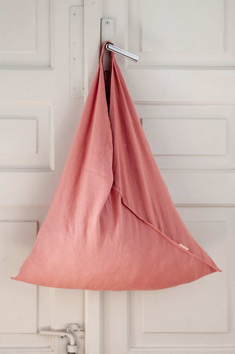 Light coral natural linen shopping bag ORIGAMI, linen beach bag, linen tote bag, large shoulder bag, woman accessories, beach bag. image 6
