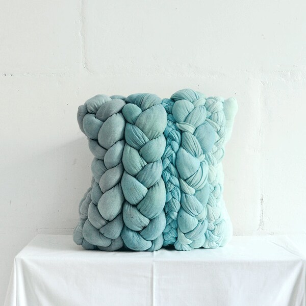 Aqua "plait" pillowcase - dyed, decorative, handmade cushions.