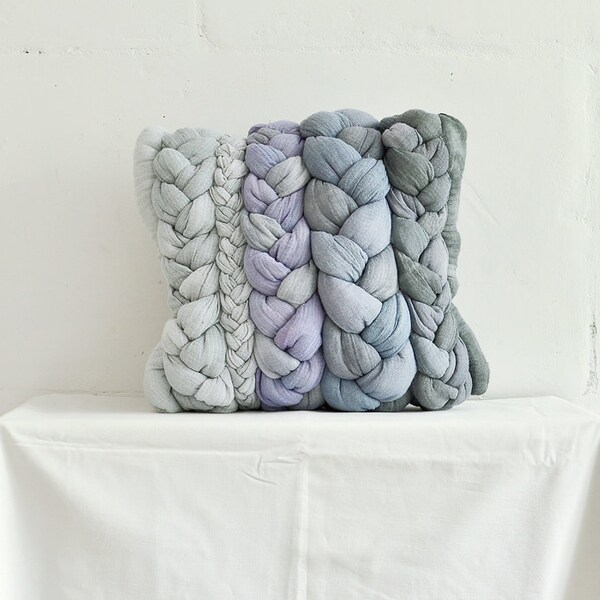 Purple - grey "plait" pillowcase - dyed decorative handmade cushions.