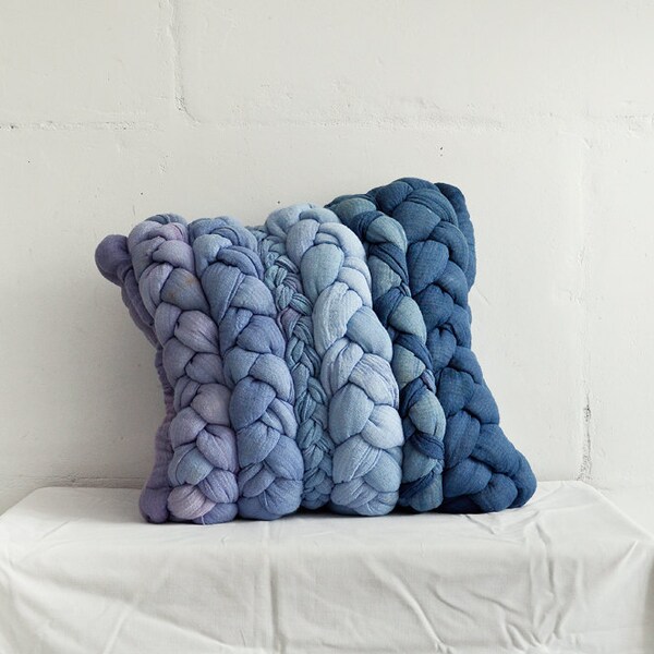 Blue - denim - violet "plait" pillowcase - dyed, decorative, handmade cushions.