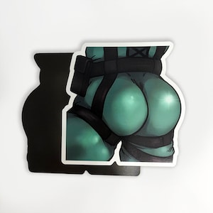 May include: A close-up of a green and black character with a harness and straps. The character is wearing a green jumpsuit with a black belt and straps. The character's back is facing the viewer.