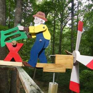 man sawing wood whirligig cedar, PT pine; painted, ready to mount - includes 16&quot; mounting post
