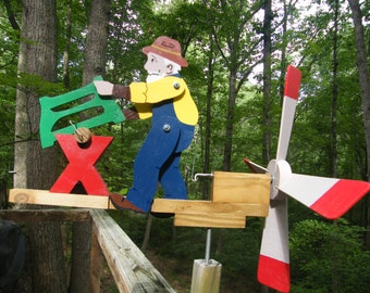 man sawing wood whirligig cedar, PT pine; painted, ready to mount - includes 16" mounting post
