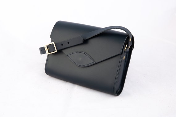 navy blue leather satchel