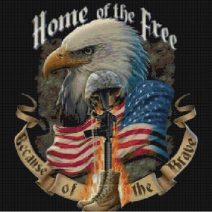 Because of the Brave Cross Stitch Pattern-Patriotic, Eagle, Flag, Military