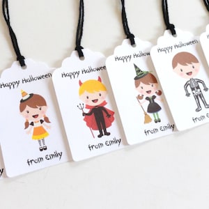 Halloween Gift Tags (2x1.5 inches) w/Twine, Personalized Halloween party favor tags, Kids party favors, Kids Costumes Tags, set of 12