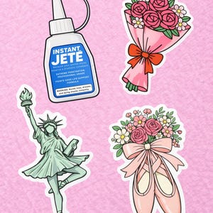 May include: A selection of stickers on a pink background. The stickers feature a bottle of "INSTANT JETE" glue, a bouquet of pink roses, a ballerina statue, and a pair of ballet shoes with flowers.