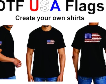May include: Three black t-shirts with different American flag designs. The t-shirt on the left has a small American flag on the left sleeve. The t-shirt in the middle has a small American flag on the chest. The t-shirt on the right has a large American flag on the back. The text "DTF USA Flags" and "Create your own shirts" is at the top of the image.