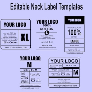 May include: Four black and white neck label templates for clothing. The labels include the text "Your Logo", size, material, care instructions, and website address. The labels are for XL, L, M, and M sizes.