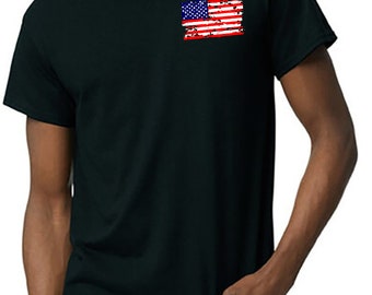 May include: A black t-shirt with a distressed American flag design on the left chest.