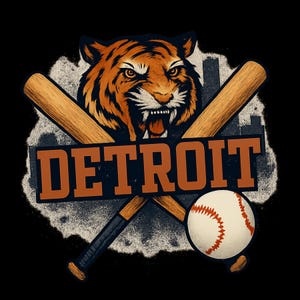 May include: A graphic design featuring a tiger's head with orange and black stripes, crossed baseball bats, a baseball, and the word "DETROIT" in orange letters. The background is black with a distressed, vintage style.