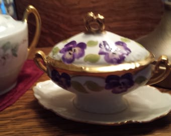 Tea Party Set-Limoges Handpainted Sugar Bowls. set 2 Pansys-Gold Floral--Bridal shower-Farmhouse wedding Mismatch china