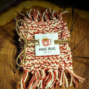 Knitted Mug Rug Set: Raspberry Creme Coasters with Fringe