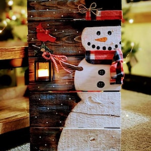 Snowman with Lantern Pallet Art Sign | Farmhouse Style Home Decor | Porch Leaner