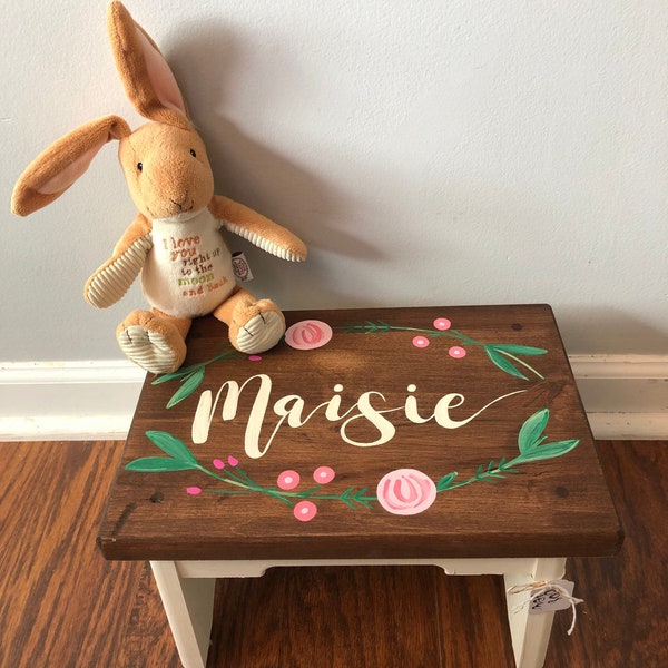 Children's Wooden Step Stool//Handpainted//Customized//First Birthday Gift//Personalized//Handled Footstool