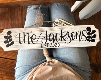 Whitewashed Sign//18x4"//Jute hanger//Hand-lettered//Family Name Sign