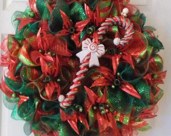 Red and Green Candy Cane Wreath Christmas Wreath Deco Mesh Etsy