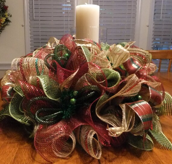 Holiday Table Centerpiece Holiday Wreath Deco Mesh Table Etsy