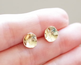 8mm Small Gold Concave Stud Earrings | handmade hammered brass 925 sterling silver earring | minimalist small dot earrings | gold cup studs