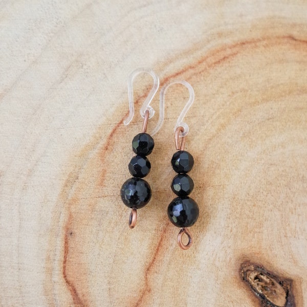 Black Onyx and Tourmaline Antique Copper Dangle Earrings | simple round semi precious gem beads sphere crystal drop | rock stone earrings