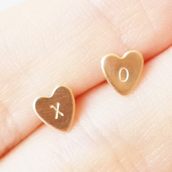 Custom Initials Brass Stud Earrings | Petite Gold Heart XO Design | Hand Stamped Dainty Sterling Silver Ear Studs | small gold post earrings