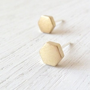 Hexagon Brass sterling silver stud earrings | Minimalist Geometric Simple everyday post earrings | teeny tiny gold ear stud | gift ideas