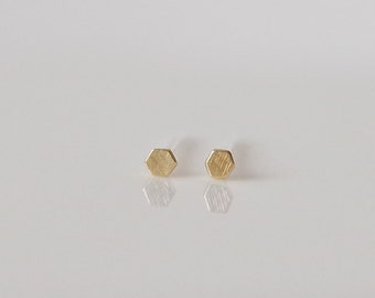 1mm 2mm Minimalist Tiny Gold Textured HEXAGON Sterling Silver Stud Earrings | dainty BRASS hex dot ear studs | post earrings by LibiClozet