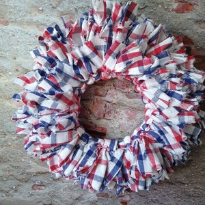 Americana Wreath, Americana Candle Ring, Red, White and Blue, 14 Inch Rag Wreath, USA Wreath, Summer Decor, July 4th Decor, Patriotic Wreath