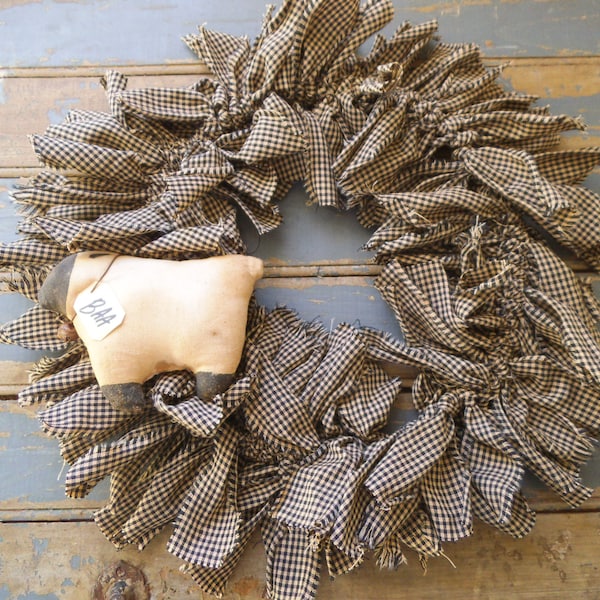 Sheep  - Rustic Wreath - Sheep Door Wreath - Rag  Wreath - Primitive Wreath - Rustic Door Wreath - Black and Natural White - BAA - Gingham