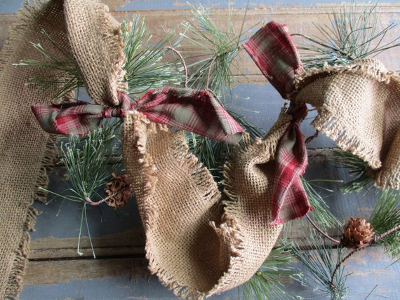 Rustic Christmas Burlap Garland, Tree Garland, Red and Green Christmas  Plaid Bows, Farmhouse Christmas Decor 