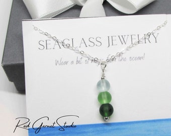 Green Sea Glass Necklace- Emerald Mint Seafoam Beads- Ombre Necklace- Seaglass Pendant- Sterling Silver- Gold Filled- Beach Glass Jewelry