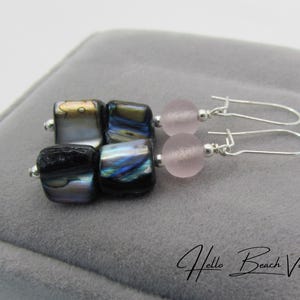 Lilac Sea Glass & Blue Abalone Shell Earrings- Sterling Silver / Gold Filled- Beach Ocean Jewelry