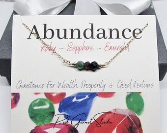 Manifestation Stones Abundance Crystals Necklace- Raw Ruby Sapphire Emerald Precious Gemstones- Wealth Prosperity Good Fortune Luck Jewelry