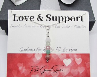 Love Crystal Necklace- Stone Pendant for Women- Rhodonite Emerald Rose Quartz Aventurine Moonstone- Friendship Jewelry- Romantic Gift Her