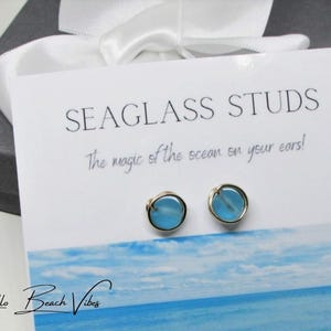 Blue Sea Glass Stud Earrings for Women Hypoallergenic- Sterling Silver or 14K Gold Filled Wire Wrapped- Seaglass Jewelry- Beach Gift Ideas