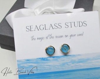 Blue Sea Glass Stud Earrings for Women Hypoallergenic- Sterling Silver or 14K Gold Filled Wire Wrapped- Seaglass Jewelry- Beach Gift Ideas
