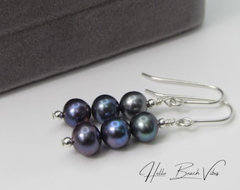 Pendientes colgantes de perlas de agua dulce de pavo real azul - Plata de ley o chapado en oro - Joyería nupcial para bodas