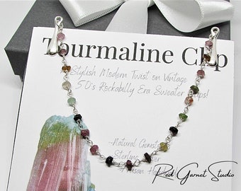 Multi Tourmaline Beaded Cardigan Sweater Clip with Chain- Wire Wrapped Rainbow Crystals- Sterling Silver- Collar Shrug Shawl Clasp Jewelry
