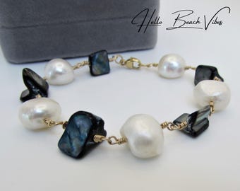 Pulsera de concha de abulón azul y perlas barrocas de agua dulce - Plata de ley/oro laminado con alambre - Joyería marina