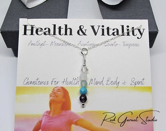 Good Health Pendant- Crystal Necklace- Amethyst Turquoise Aventurine Moonstone Quartz Stones- Healing Jewelry for Women- Wellness Gift Her